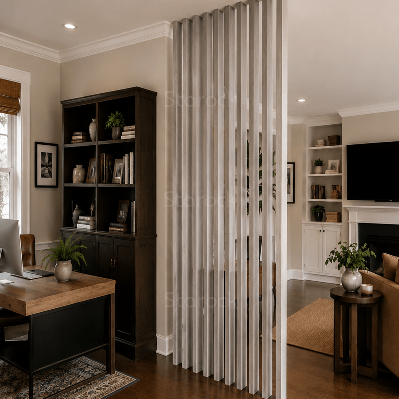 Wood Slat Room Partition Dividers-Natural Brown